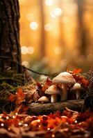 een knus herfst- Woud instelling gevulde met gedaald bladeren en champignons achtergrond met leeg ruimte voor tekst foto