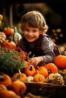 een vrolijk kind picks een perfect pompoen van een uitgestrekt lap omringd door levendig herfst bladeren en feestelijk decoraties foto