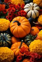 een arrangement van kleurrijk pompoenen en levendig vallen gebladerte presentatie van de overvloedig oogst van een herfst boeren markt foto