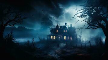 een spookachtig achtervolgd huis met griezelig verlichting en mist achtergrond met leeg ruimte voor tekst foto