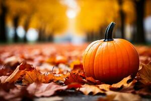 een detailopname van een levendig oranje pompoen omringd door kleurrijk gedaald bladeren symboliseert de essence van herfst oogst foto