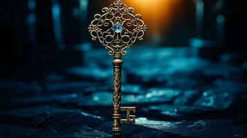 een wijnoogst sleutel met een spookachtig aura symboliseert de hal naar mysterieus achtervolgd huizen gedurende oktober foto