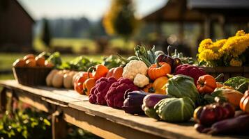 een uitnodigend herfst boeren markt presentatie van een overvloedig rangschikking van vers produceren met een backdrop perfect voor toevoegen informatieve tekst foto