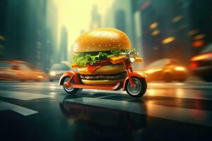 hamburger levering. snel Hamburger auto. cheeseburger net zo snel voedsel auto. Hamburger het rijden Aan de weg. snel voedsel concept foto