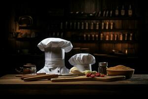 chef hoed en keuken gereedschap reeks in een wijnoogst keuken foto