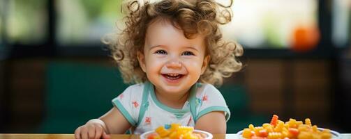 detailopname van een baby gelukkig genieten van een kleurrijk bord van voedzaam verpakt veganistisch en vegetarisch baby voedsel opties foto