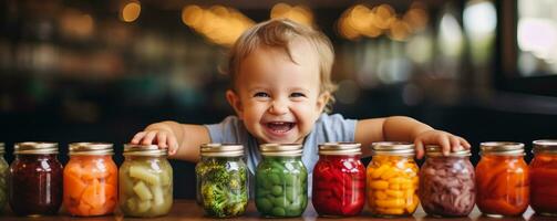 een detailopname foto van een gelukkig baby proberen een verscheidenheid van kleurrijk en voedzaam veganistisch en vegetarisch puree