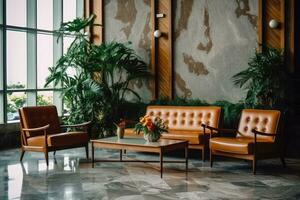 hotel lobby met wijnoogst stijl meubilair profesional fotografie ai gegenereerd foto