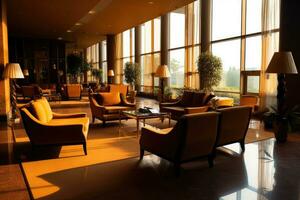 hotel lobby met Europese stijl meubilair profesional fotografie ai gegenereerd foto