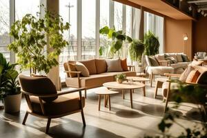 hotel lobby met Scandinavisch stijl meubilair profesional fotografie ai gegenereerd foto