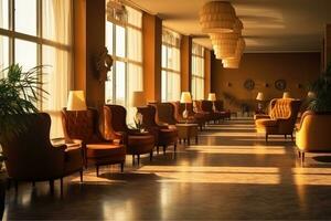 hotel lobby met wijnoogst stijl meubilair profesional fotografie ai gegenereerd foto