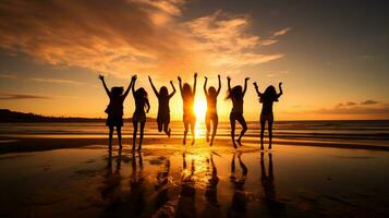 fotograaf van groep silhouet jumping omhoog Aan de strand, gouden uur, ai gegenereerd foto