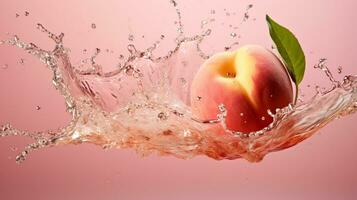 vers sappig perzik fruit met water plons geïsoleerd Aan achtergrond, gezond fruit foto