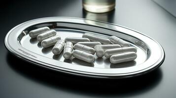 de farmaceutisch medicijn-medicijn pillen capsules in zilver dienblad. gebruikt voor verlichtend ziekte, voedsel supplement, top visie foto