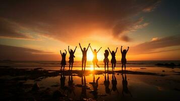 fotograaf van groep silhouet jumping omhoog Aan de strand, gouden uur, ai gegenereerd foto