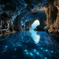 betoverend mooi gloed van zee, een surrealistische zicht van gloeiend grot, glinsterende effect, in een grot foto