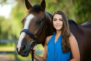 brunette Holding paard Bij boerderij. genereren ai foto