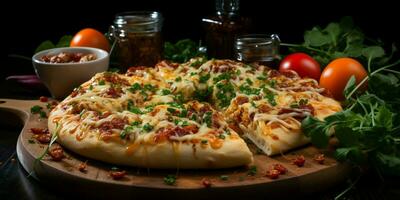 pizza met uitrekken kaas Aan een houten tafel Aan een zwart achtergrond foto