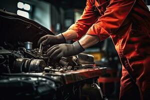 auto monteur werken in auto reparatie winkel. auto onderhoud en onderhoud concept. generatief ai foto