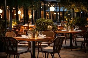 luxe restaurant met tafels en stoelen in de avond. restaurant buitenkant. generatief ai foto