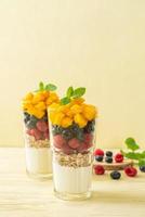 zelfgemaakte verse mango en verse framboos met yoghurt en granola - healthy food style foto