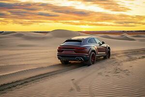 luxe auto Aan zand duinen. generatief ai foto