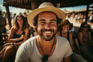 knap jong Mens toerist hebben pret Aan zomer vakantie glimlachen en op zoek Bij camera. generatief ai foto