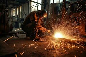 industrieel arbeider met beschermend masker lassen staal structuur in een fabriek. generatief ai foto