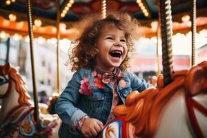 schattig weinig meisje lachend Bij carnaval rijden foto