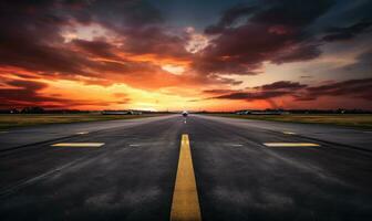 de zonsondergang met de luchthaven landingsbaan in de afstand foto