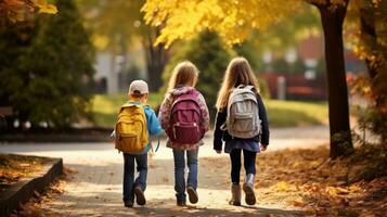 kinderen wandelen Aan een pad draag- rugzakken foto