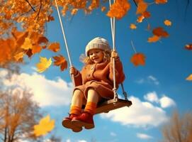 weinig meisje in herfst swinging in de park met sommige rood en geel bladeren foto