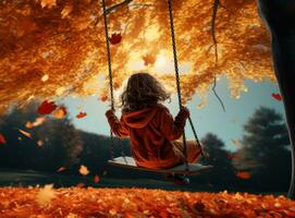 weinig meisje in herfst swinging in de park met sommige rood en geel bladeren foto