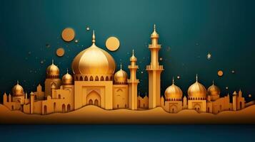 feestelijk groet kaart, uitnodiging voor moslim heilig maand Ramadan kareem. generatief ai foto