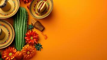 vieren Mexicaans feest met sombrero cactus en maraca Aan oranje achtergrond ai generatief foto