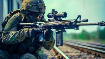 gewapend krijger in gevecht uniform en helm met m16 karabijn Aan spoorweg bijhouden ai generatief foto