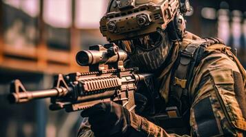 speciaal ops scherpschutter Aan spoorweg brug een soldaat in camouflage en schild met een geweer ai gegenereerd foto