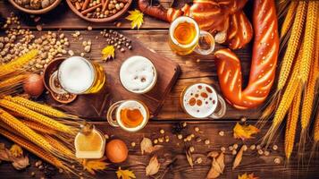bier bril pretzels noten en tarwe Aan houten achtergrond rustiek en feestelijk oktoberfeest tafel ai gegenereerd foto
