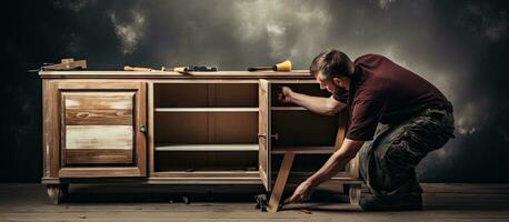 een persoon assembleert meubilair gebruik makend van hun handen foto