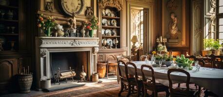 interieur van een Frans kasteel dining kamer met wijnoogst haard houten plafond en antiek gereedschap foto