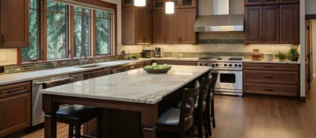 Amerikaans keuken interieur met bruin kasten graniet teller top eiland en hardhout verdieping foto