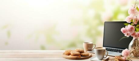 laptop en kladblok Aan leeg tafel in licht huis keuken met koffie en biscuits klaar foto