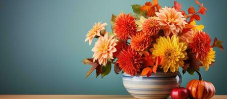 vakantie bloemen in een pompoen vaas met levendig kleuren badend in zonlicht foto