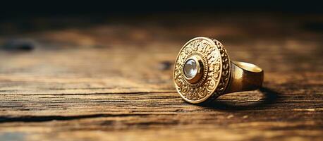 een houten tafel met een goud ring foto