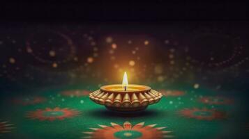 diya met rangoli Aan groen achtergrond voor diwali viering feestelijk en traditioneel diwali lampai generatief foto