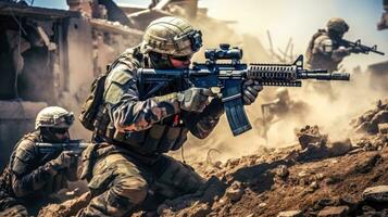 tactisch het schieten opleiding met geweren en camouflage ai gegenereerd foto