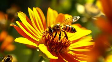 detailopname van een honing bij Aan een geel bloem in zomer ai generatief foto