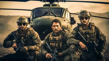 leger missie soldaten met camouflage en uitrusting in woestijn met bijl ai gegenereerd foto