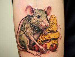 Rat Aan kaas met tomaten een realistisch tatoeëren van een knaagdier en voedsel ai gegenereerd foto