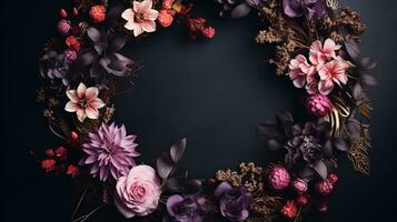 top visie van bloeiend kleurrijk krans bloemen en bloemblaadjes geïsoleerd Aan tafel zwart achtergrond, bloemen kader samenstelling, kopiëren ruimte, vlak leggen, ai generatief foto